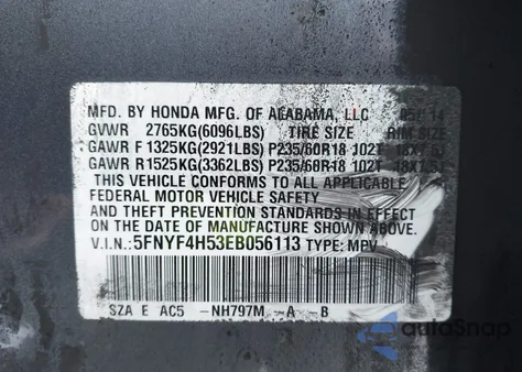 2014 Honda Pilot Ex-L z USA, uszkodzony, nr VIN 5FNYF4H53EB056113